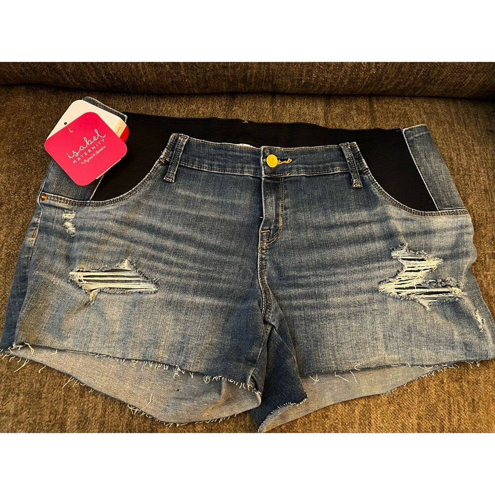 Isabel Maternity Under Belly Midi Jean Shorts Size 14 / 32 Distressed 4" inseam